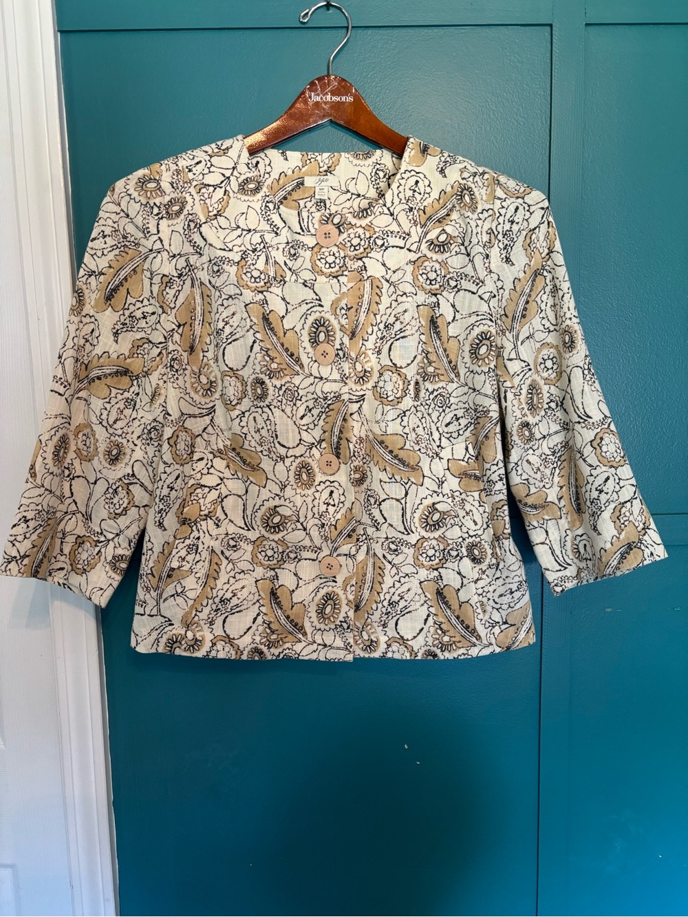 J.Jill linen-blend beige floral paisley blazer jacket with 3/4 sleeves